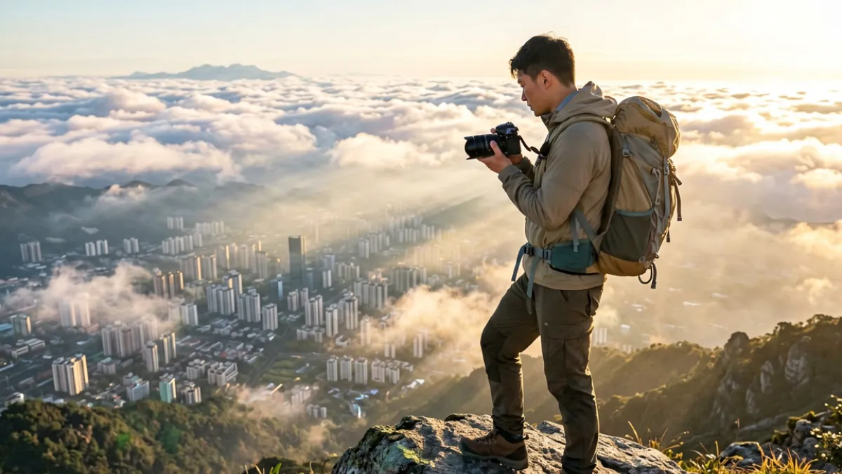 91av用户上传的户外旅拍vlog封面，拍摄者手持相机站在山顶俯瞰城市全景