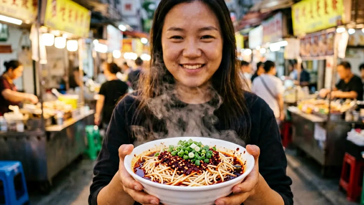 91av站内美食探店视频封面，博主在街边小店前举起一碗热气腾腾的面条